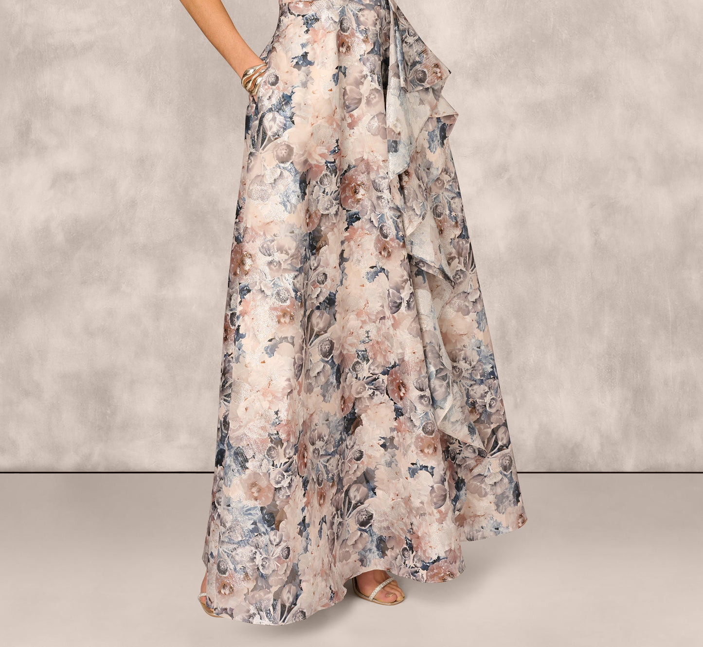 One Shoulder Floral Jacquard Ruffle Gown Adrianna Papell MD1E209791