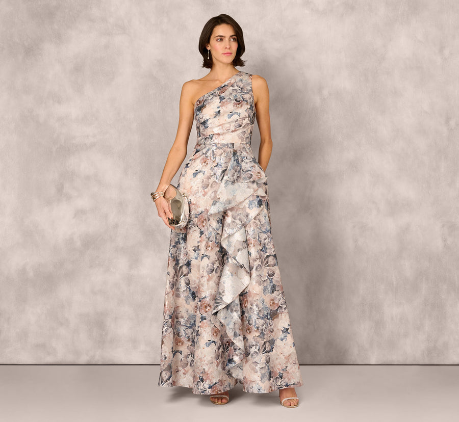 One Shoulder Floral Jacquard Ruffle Gown Adrianna Papell MD1E209791