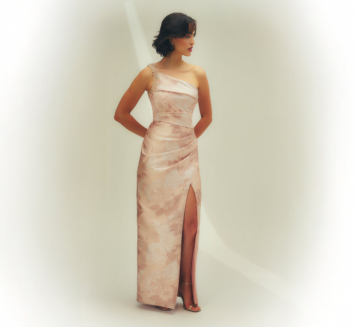 Beaded One-Shoulder Floral Jacquard Draped Gown Adrianna Papell MD1E209864