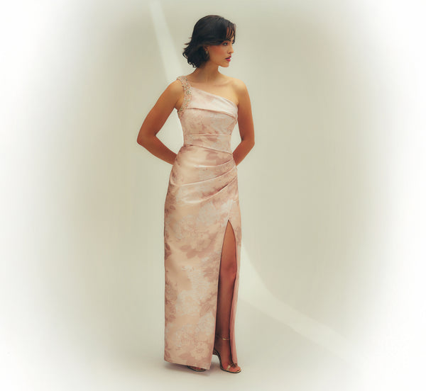 Beaded One-Shoulder Floral Jacquard Draped Gown Adrianna Papell MD1E209864