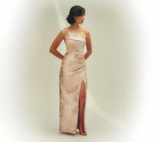 Beaded One-Shoulder Floral Jacquard Draped Gown Adrianna Papell MD1E209864
