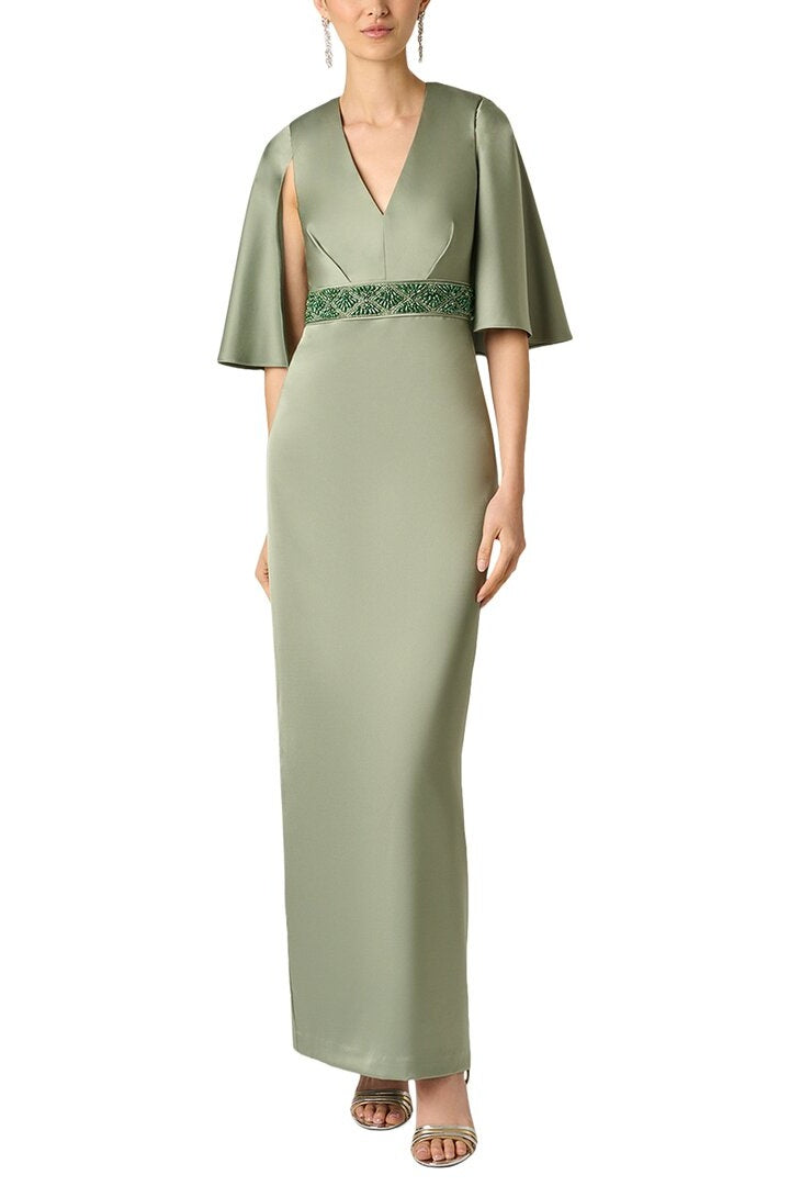 Aidan Mattox Beaded Waist Cape Sleeve Satin Gown MD1E209903 Wholesale