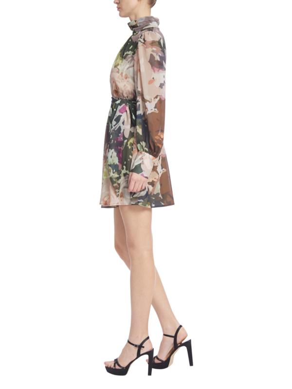 Green Multi Funnel-Neck Mini Polyester Cocktail Balloon Sleeve Dress Badgley Mischka J0012G