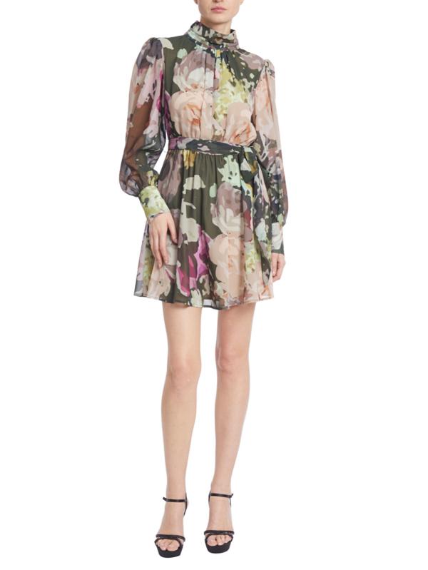 Green Multi Funnel-Neck Mini Polyester Cocktail Balloon Sleeve Dress Badgley Mischka J0012G
