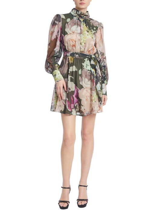 Green Multi Funnel-Neck Mini Polyester Cocktail Balloon Sleeve Dress Badgley Mischka J0012G