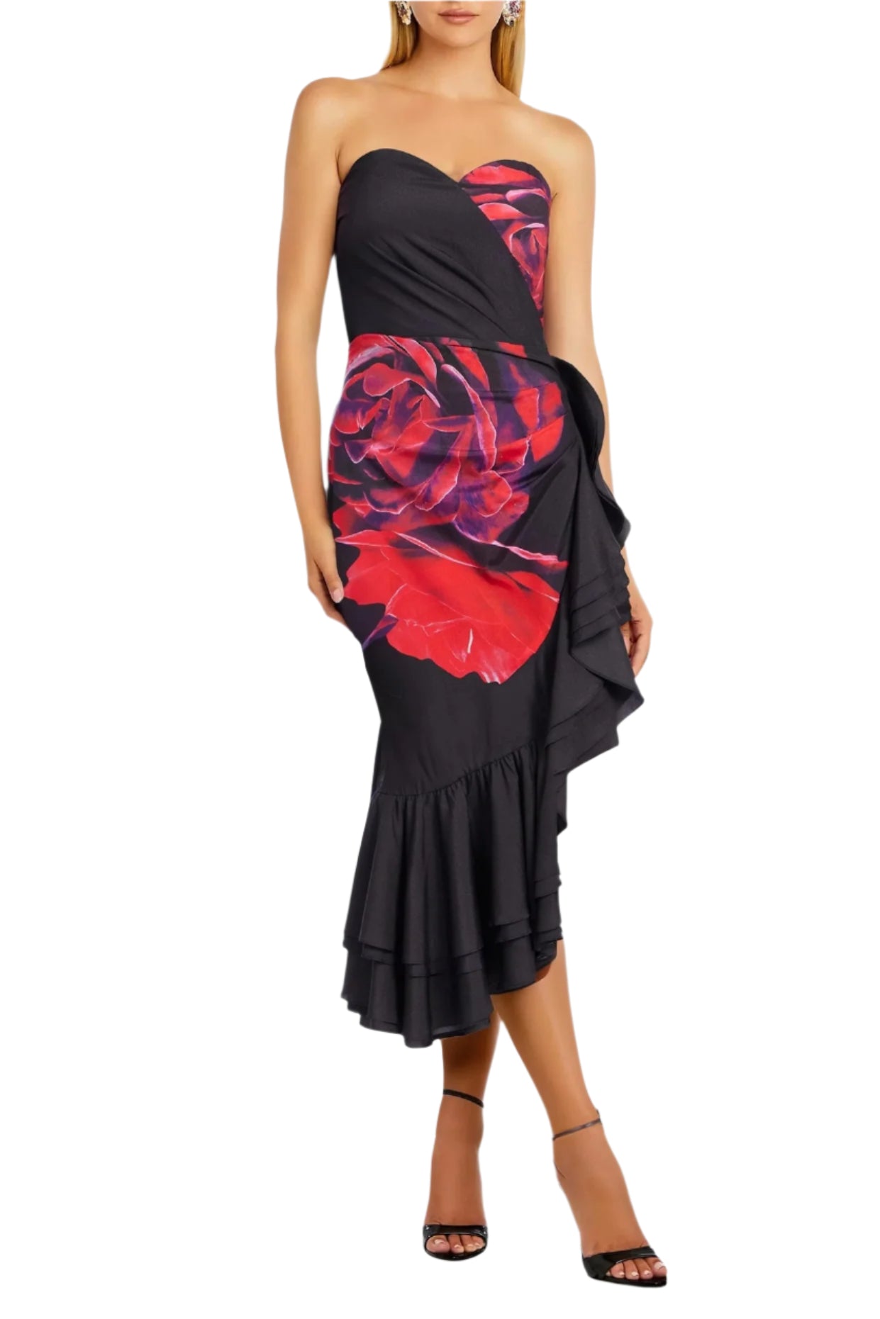 One 33 Social Penelope Sweetheart Neckline Strapless Side Zipper Rose Cocktail Gown Dress - BLACK - Front