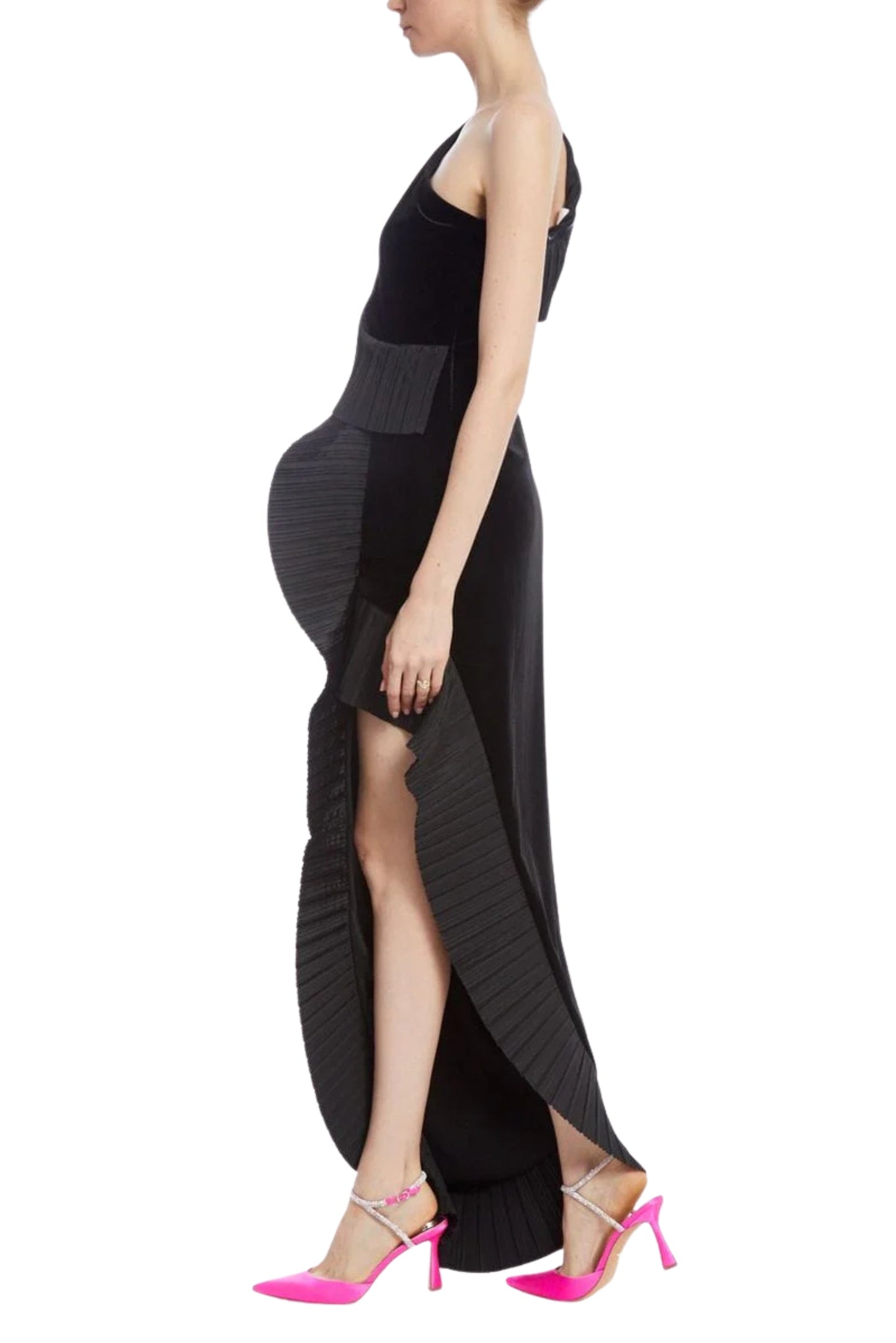 Black One Shoulder Floor-Length Velvet Cocktail Dress Pleated Ruffle and Asymmetrical Hem One 33 Social MK4459V