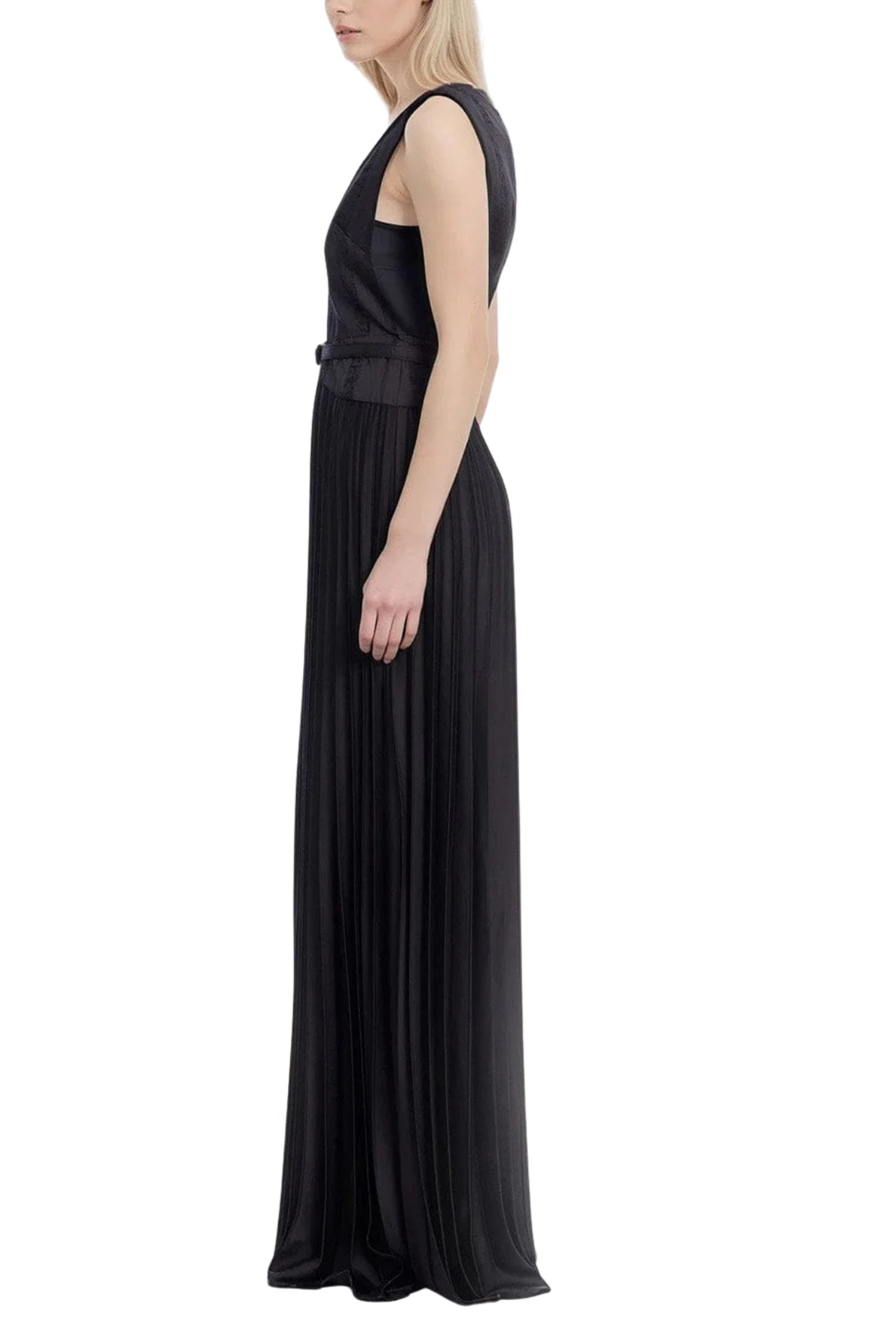 One33 Social Jaelyn Deep Plunging V-Neckline Tailored Shoulder Straps Sleeveless Dramatic Bodice Pleated Skirt Matching Belt A-Line Fit-and-Flare Maxi Gown Dress