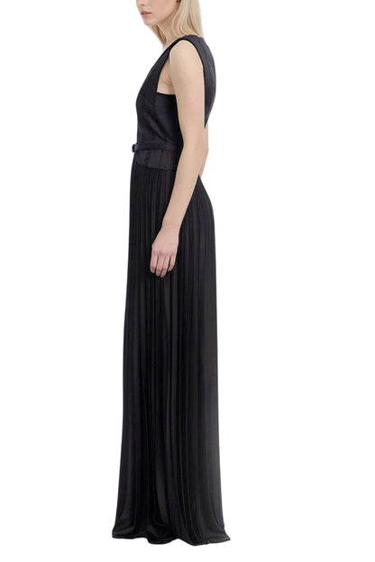 One33 Social Jaelyn Deep Plunging V-Neckline Tailored Shoulder Straps Sleeveless Dramatic Bodice Pleated Skirt Matching Belt A-Line Fit-and-Flare Maxi Gown Dress