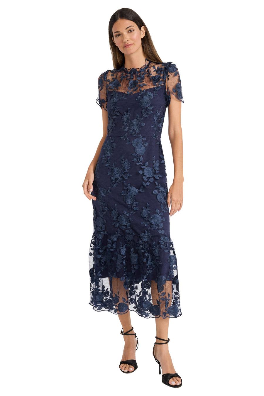 Maggy London Mesh Yoke Pencil Skirt Dress with Applique Trim G6087M