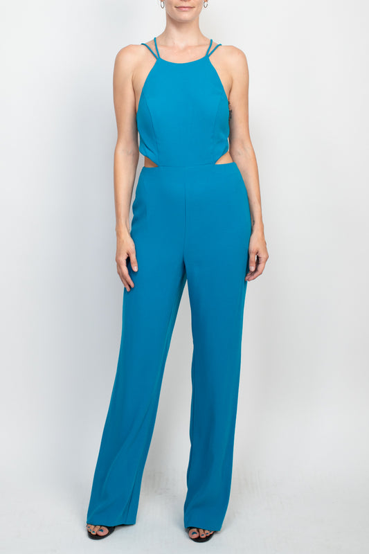 Aidan by Aidan Mattox Spaghetti Strap Cutout Tie Back Solid Crepe Jumpsuit