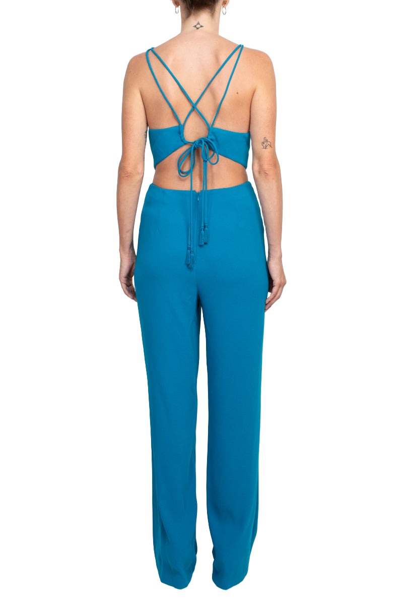 Peacock Halter Full-Length Crepe Formal Jumpsuit with Side Cutouts and Lace-Up Back Aidan Mattox MN1E204053