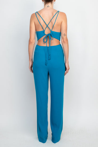 Aidan by Aidan Mattox Spaghetti Strap Cutout Tie Back Solid Crepe Jumpsuit