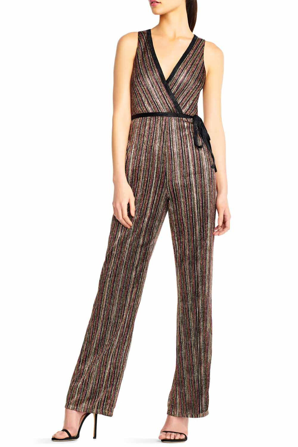 Aidan by Aidan Mattox V-Neck Sleeveless Piping Detail Tie Front Zipper Back Metallic Lurex Jumpsuit