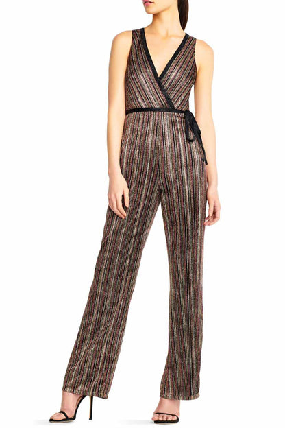 Aidan by Aidan Mattox V-Neck Sleeveless Piping Detail Tie Front Zipper Back Metallic Lurex Jumpsuit