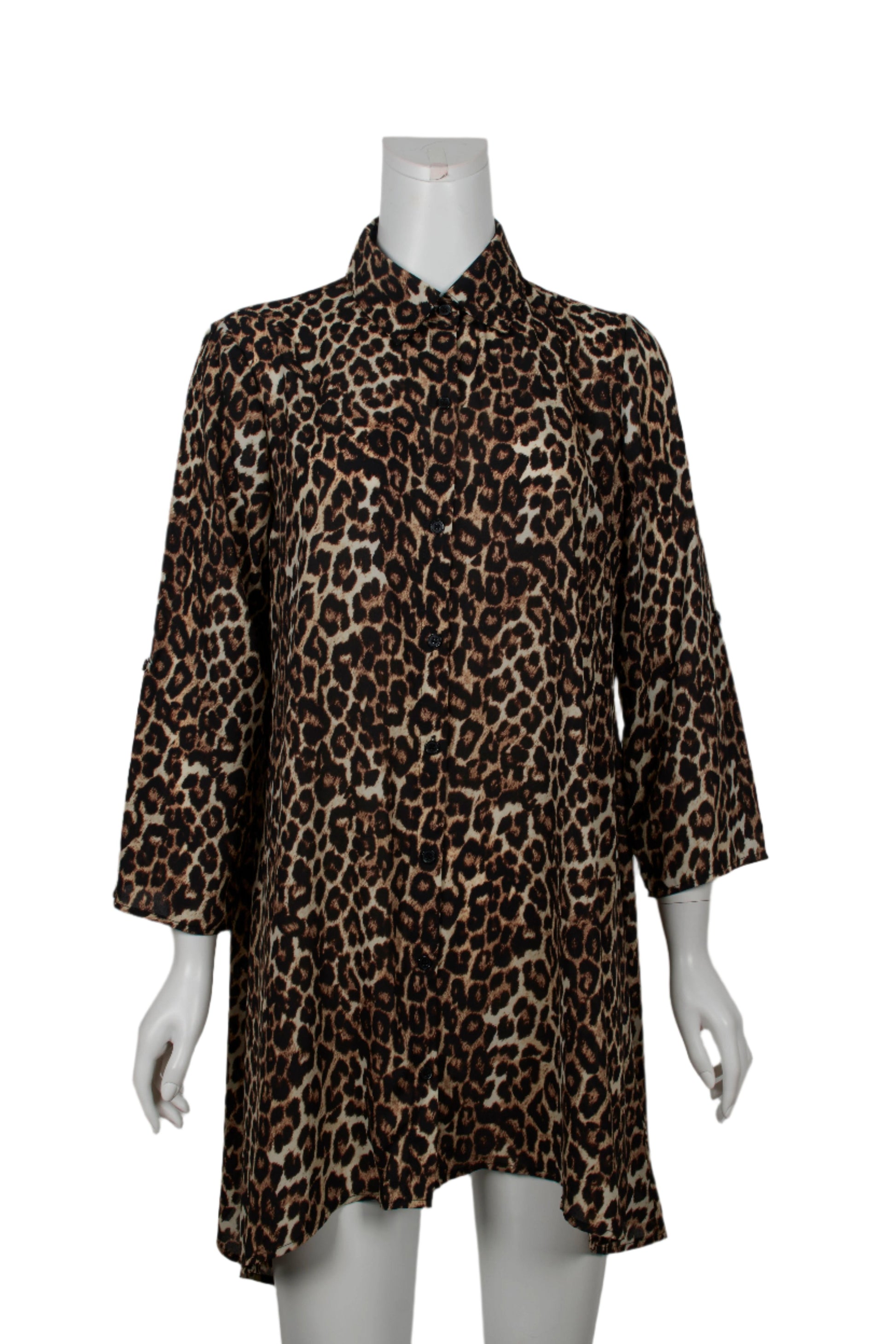 Melissa Paige Collared Button Down 2 Way Sleeve Animal Print Polyester Top - ANIMAL - Front