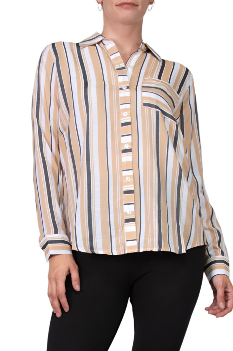 Notations Slubbed Woven Chest Pocket Shirt - TAN WHITE STRIPE - Front