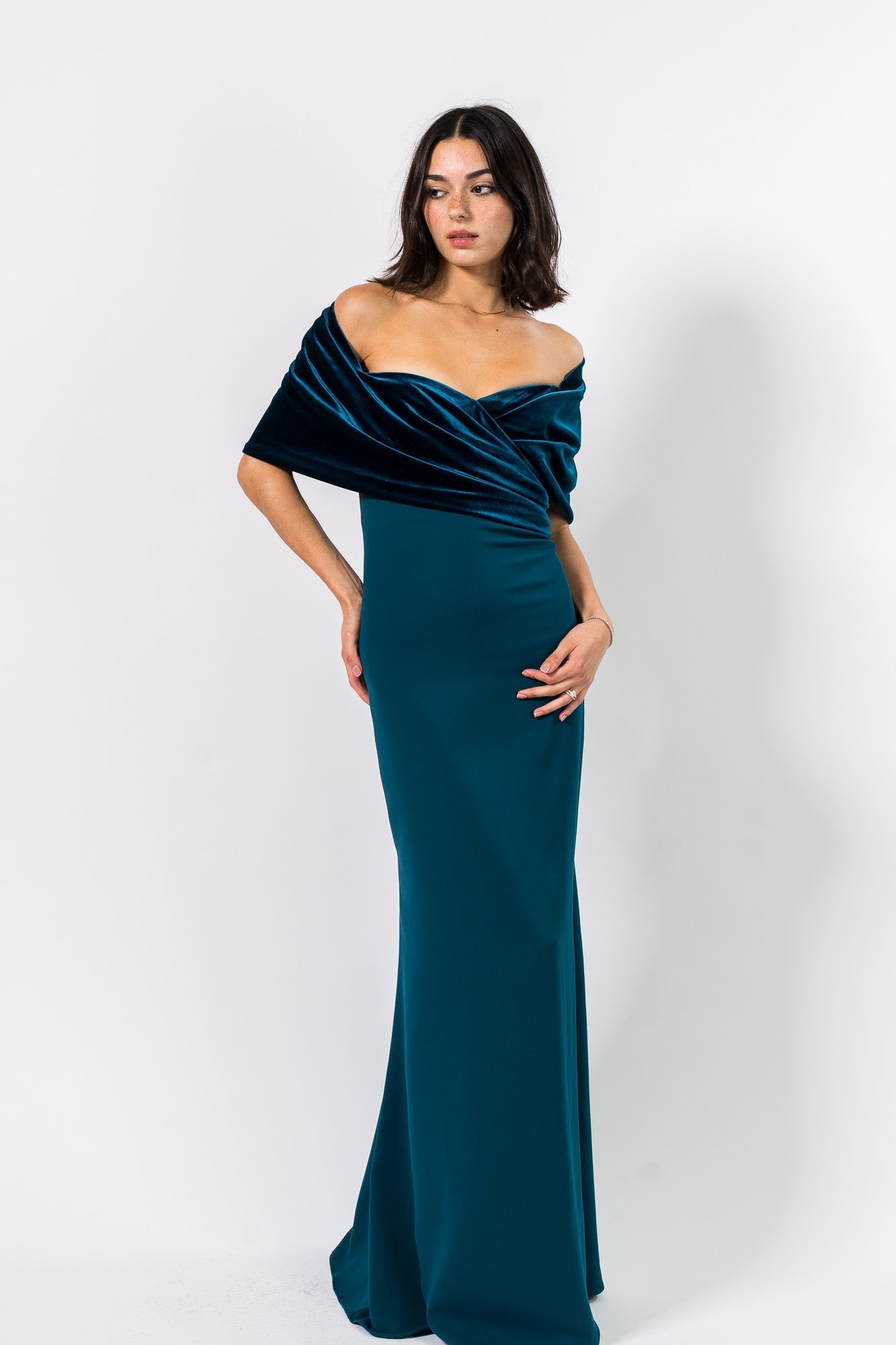 Teal Off-the-Shoulder Floor-Length Velvet and Crepe Formal Drape Cape Column Gown Badgley Mischka EG4599A