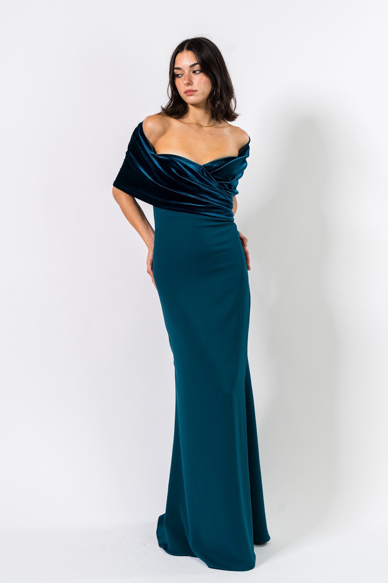 Teal Off-the-Shoulder Floor-Length Velvet and Crepe Formal Drape Cape Column Gown Badgley Mischka EG4599A