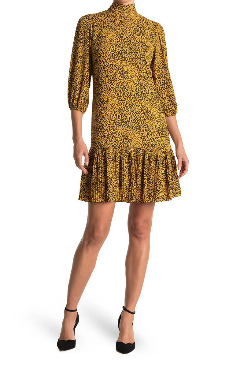 Nanette Lepore High Neck 3/4 Sleeve Bodycon Ruffled Hem Multi Print Chiffon Dress - Wholesale - Black Gold - Front