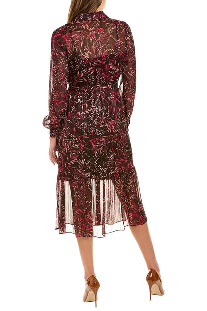 Nanette Lepore Collared Long Sleeve Barbell Cuffs Button Front Multi Print Metallic Tie Waist Chiffon Shirt Dress - BAEZ BURGUNDY PRINT - Back