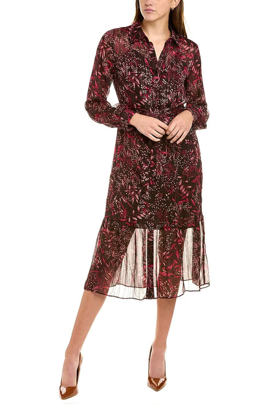 Nanette Lepore Collared Long Sleeve Barbell Cuffs Button Front Multi Print Metallic Tie Waist Chiffon Shirt Dress - BAEZ BURGUNDY PRINT - Front