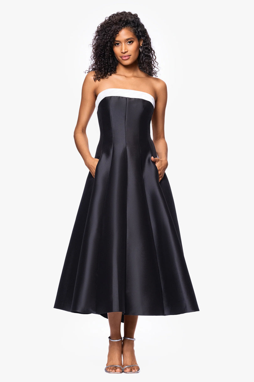 Strapless Straight Neck Tea-Length Satin Formal A-Line Betsy & Adam A27115
