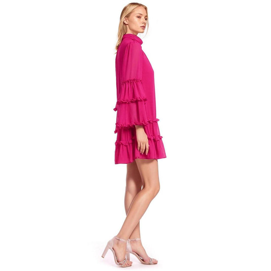 Pink High-Neck Mini Chiffon Cocktail Tiered Ruffle Dress Badgley Mischka J0193