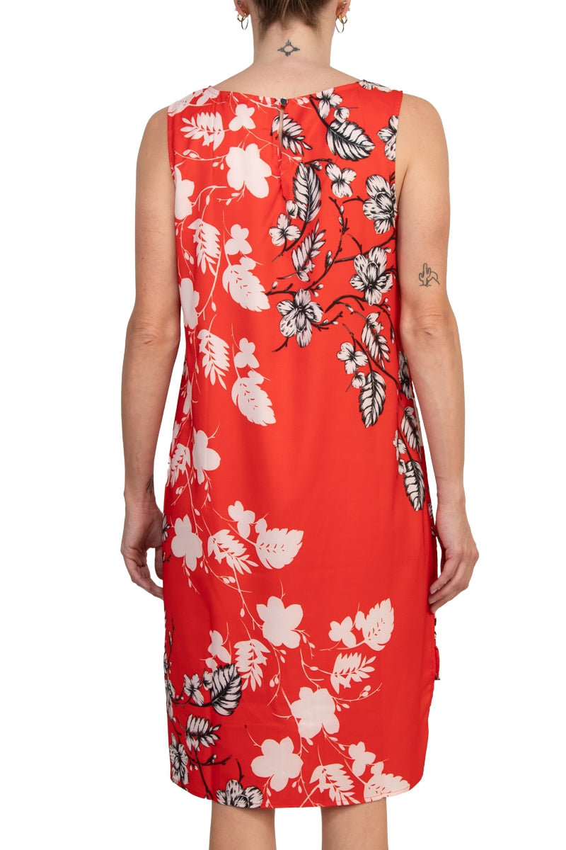 Premise Boat Neck Sleeveless Floral Print High Low Hem Charmeuse Dress