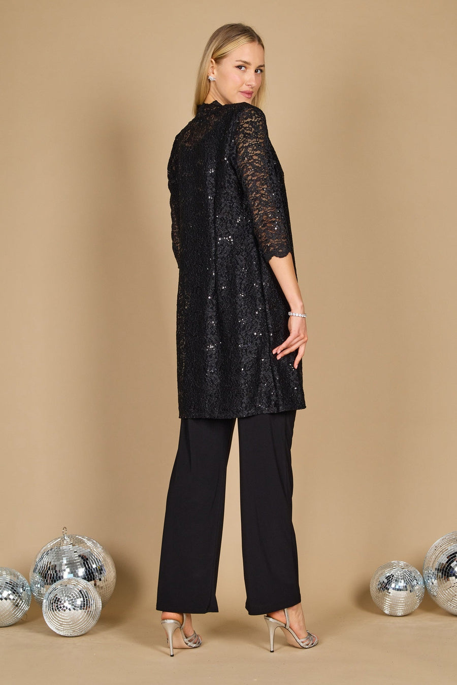 R&M Richards RM1993 Mother of the Bride Long Jacket Pant Suit in Black