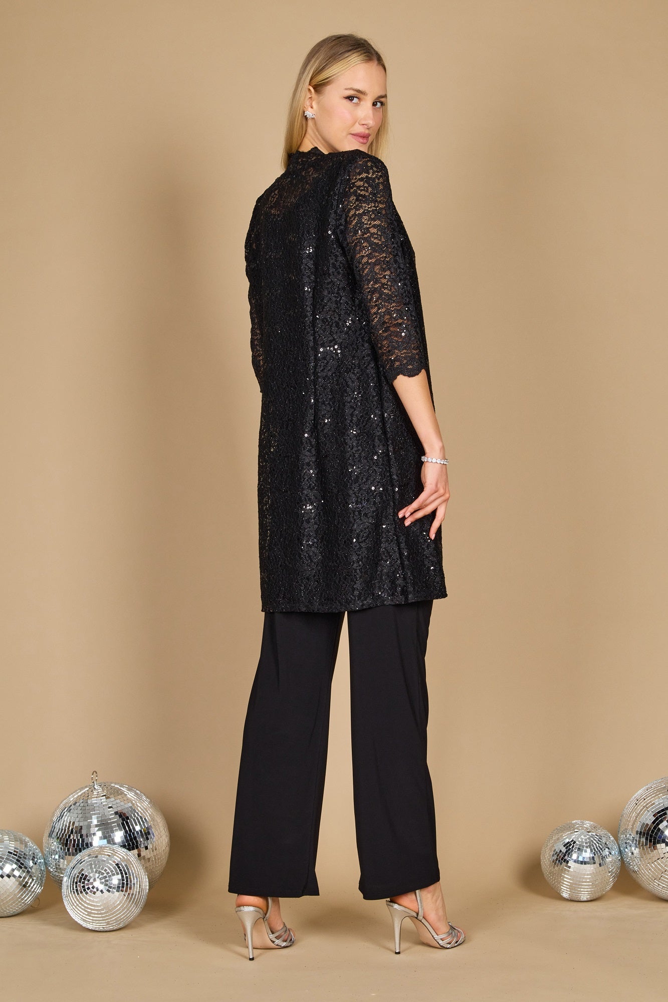 R&M Richards RM1993 Mother of the Bride Long Jacket Pant Suit in Black
