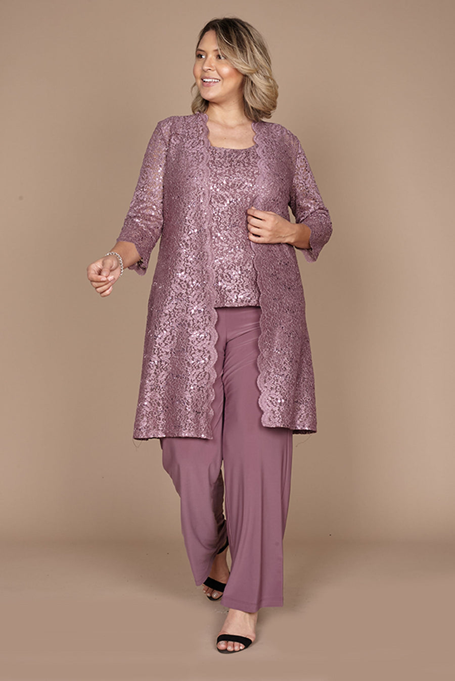 R&M Richards RM1993 Mother of the Bride Long Jacket Pant Suit in Dark Rose