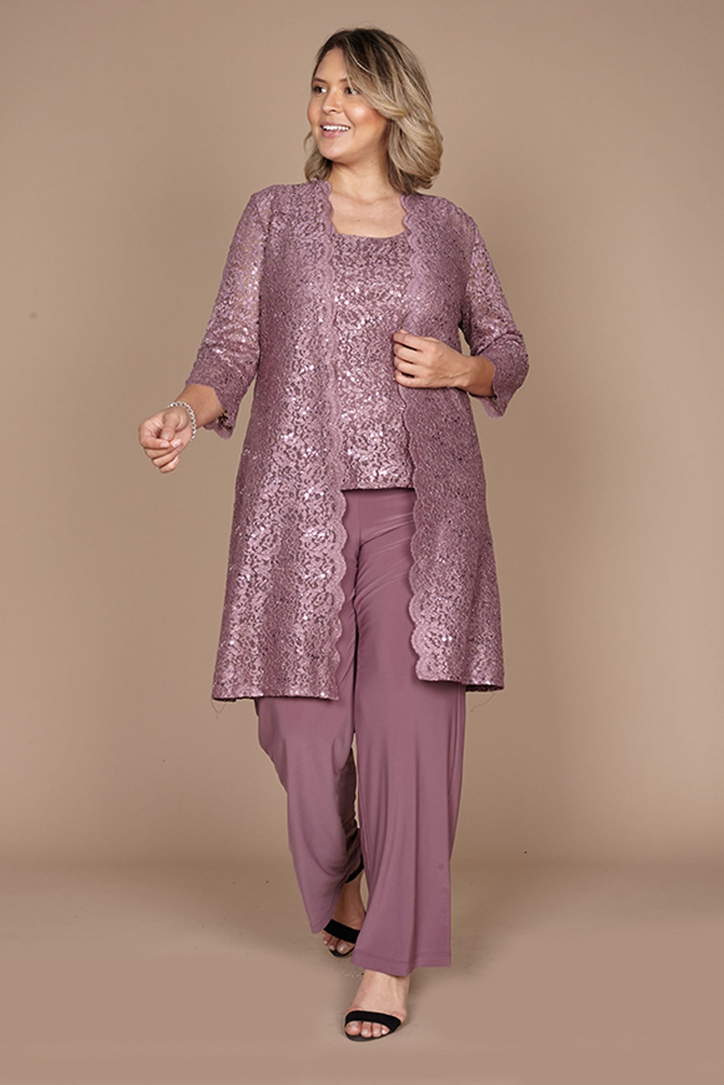 R&M Richards RM1993 Mother of the Bride Long Jacket Pant Suit in Dark Rose