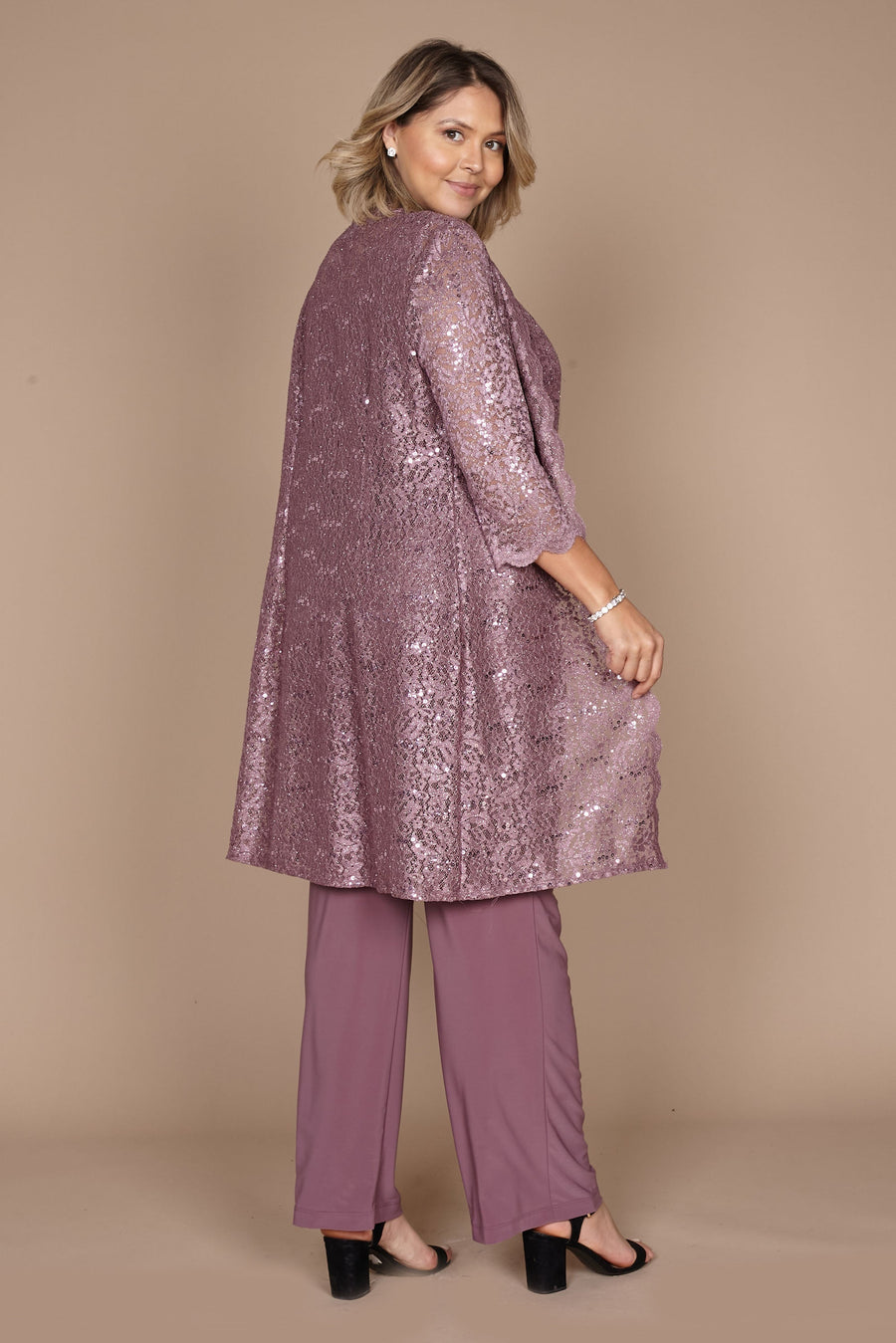 R&M Richards RM1993 Mother of the Bride Long Jacket Pant Suit in Dark Rose