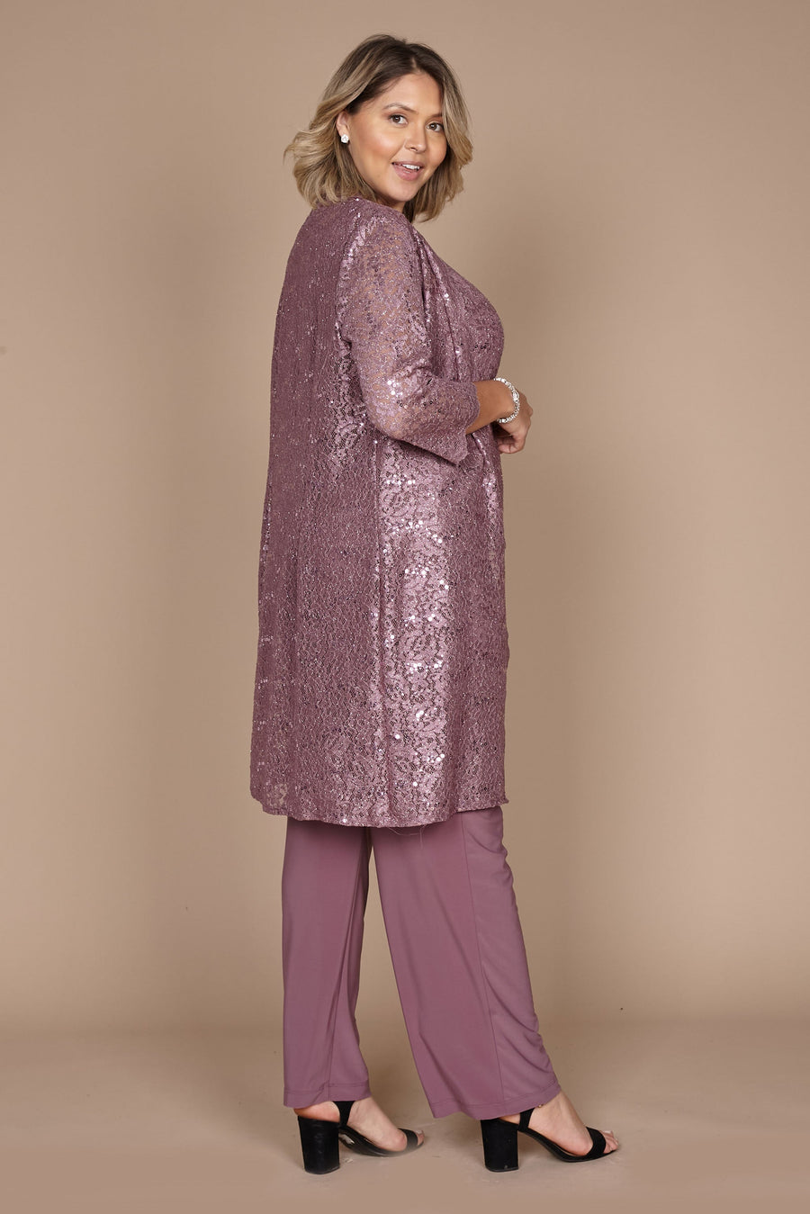 R&M Richards RM1993 Mother of the Bride Long Jacket Pant Suit in Dark Rose