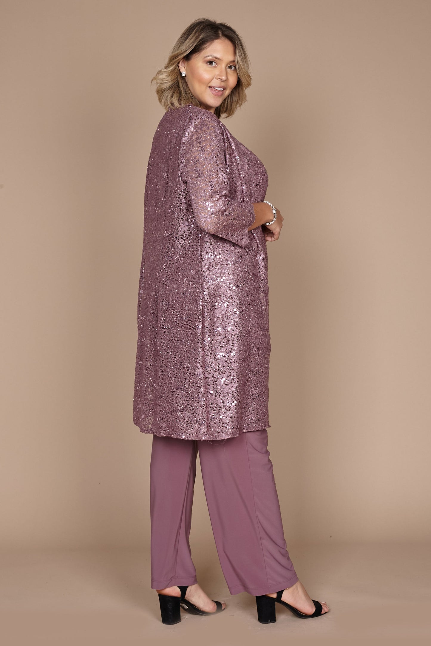 R&M Richards RM1993 Mother of the Bride Long Jacket Pant Suit in Dark Rose