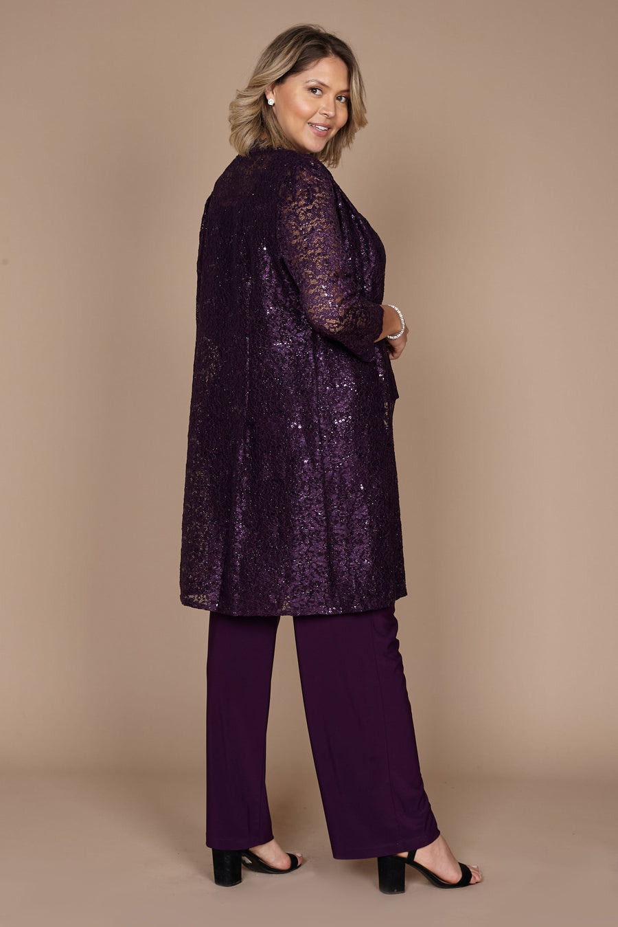 R&M Richards RM1993 Mother of the Bride Long Jacket Pant Suit in Plum