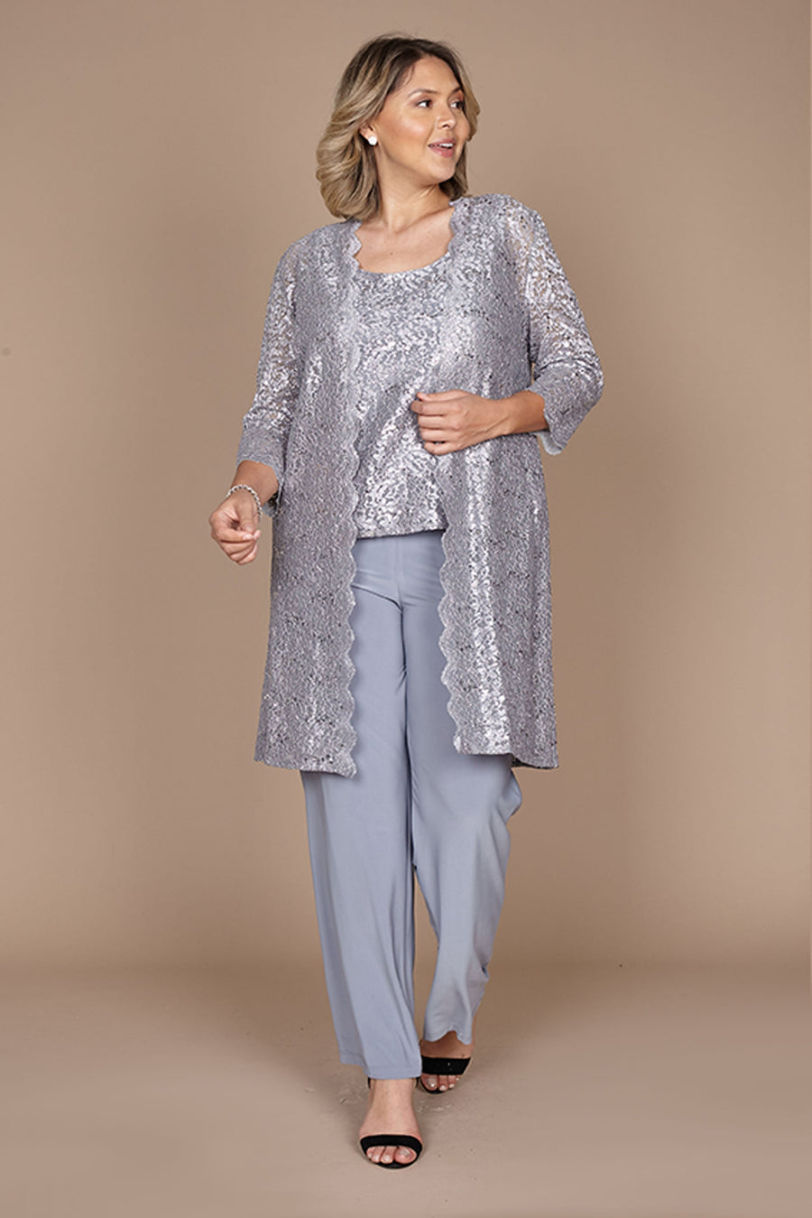 R&M Richards RM1993 Mother of the Bride Long Jacket Pant Suit in Silver