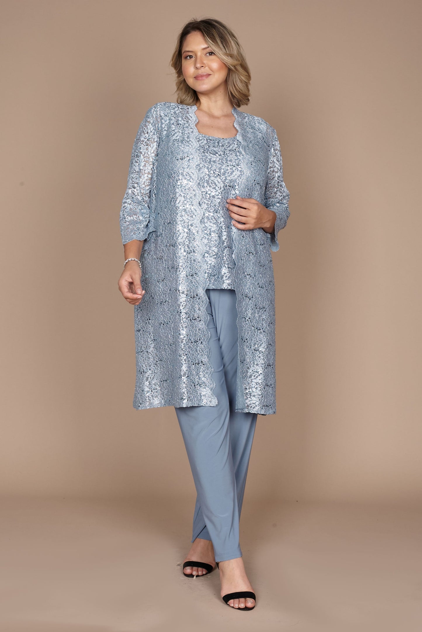 R&M Richards RM1993 Mother of the Bride Long Jacket Pant Suit in Slate