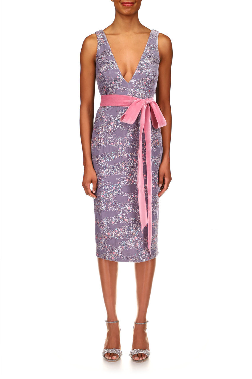 Badgley Mischka V-Neck Sleeveless Bodycon Tie Waist Zipper Closure Sequined Velvet Dress - DOVE - Front