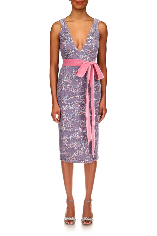 Badgley Mischka V-Neck Sleeveless Bodycon Tie Waist Zipper Closure Sequined Velvet Dress - DOVE - Front