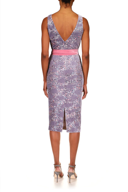 Badgley Mischka V-Neck Sleeveless Bodycon Tie Waist Zipper Closure Sequined Velvet Dress - DOVE - Back