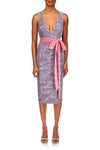 Dove V-Neck Knee-Length Sequin Formal Sheath Dress Waist Tie Detail Badgley Mischka SC2809