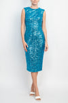 Jewel Neck Knee-Length Sequin Formal Sheath Dress Back Slit Badgley Mischka SC3835