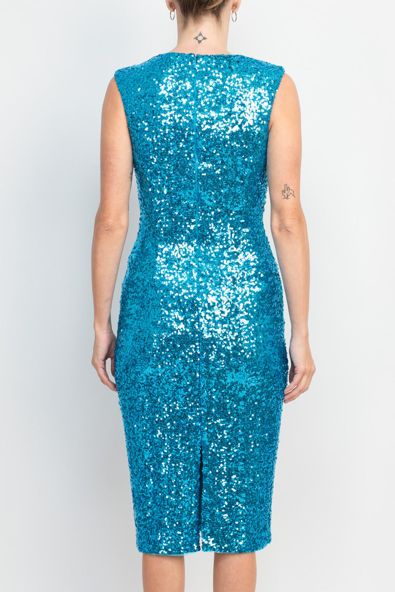 Jewel Neck Knee-Length Sequin Formal Sheath Dress Back Slit Badgley Mischka SC3835