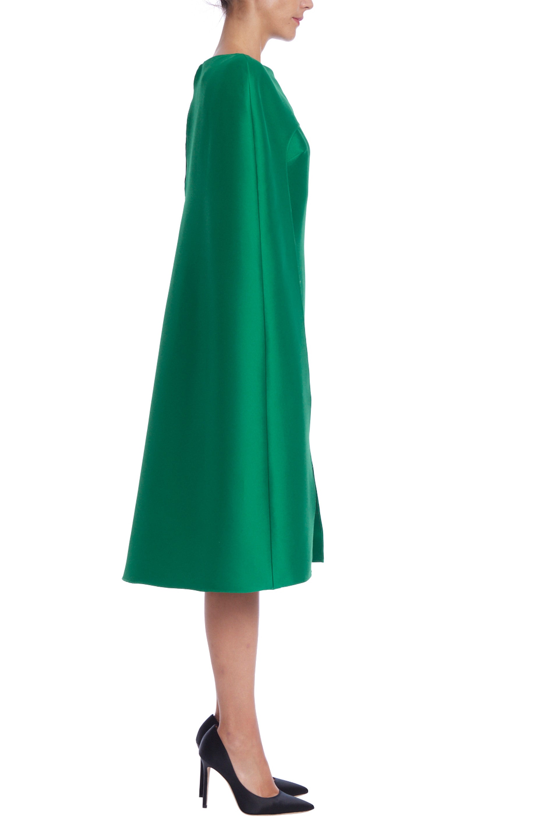 Badgley Mischka Bateau Neck Mikado Split Cape Sleeve Two Piece Midi Dress - EMERALD - Side