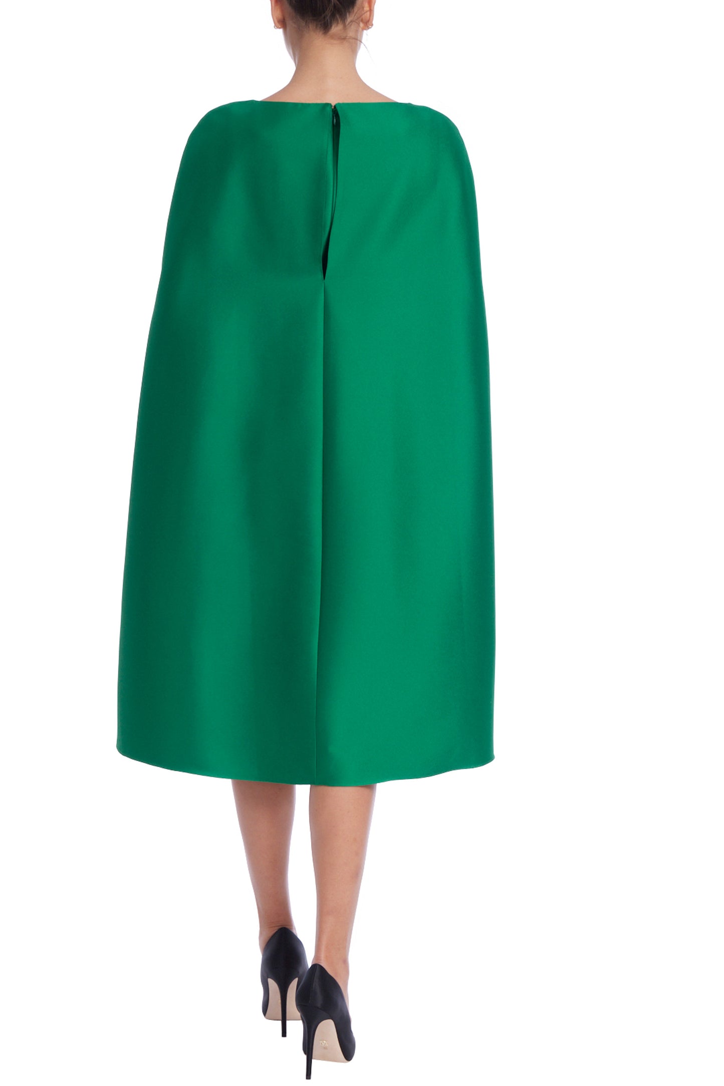 Badgley Mischka Bateau Neck Mikado Split Cape Sleeve Two Piece Midi Dress - EMERALD - Back