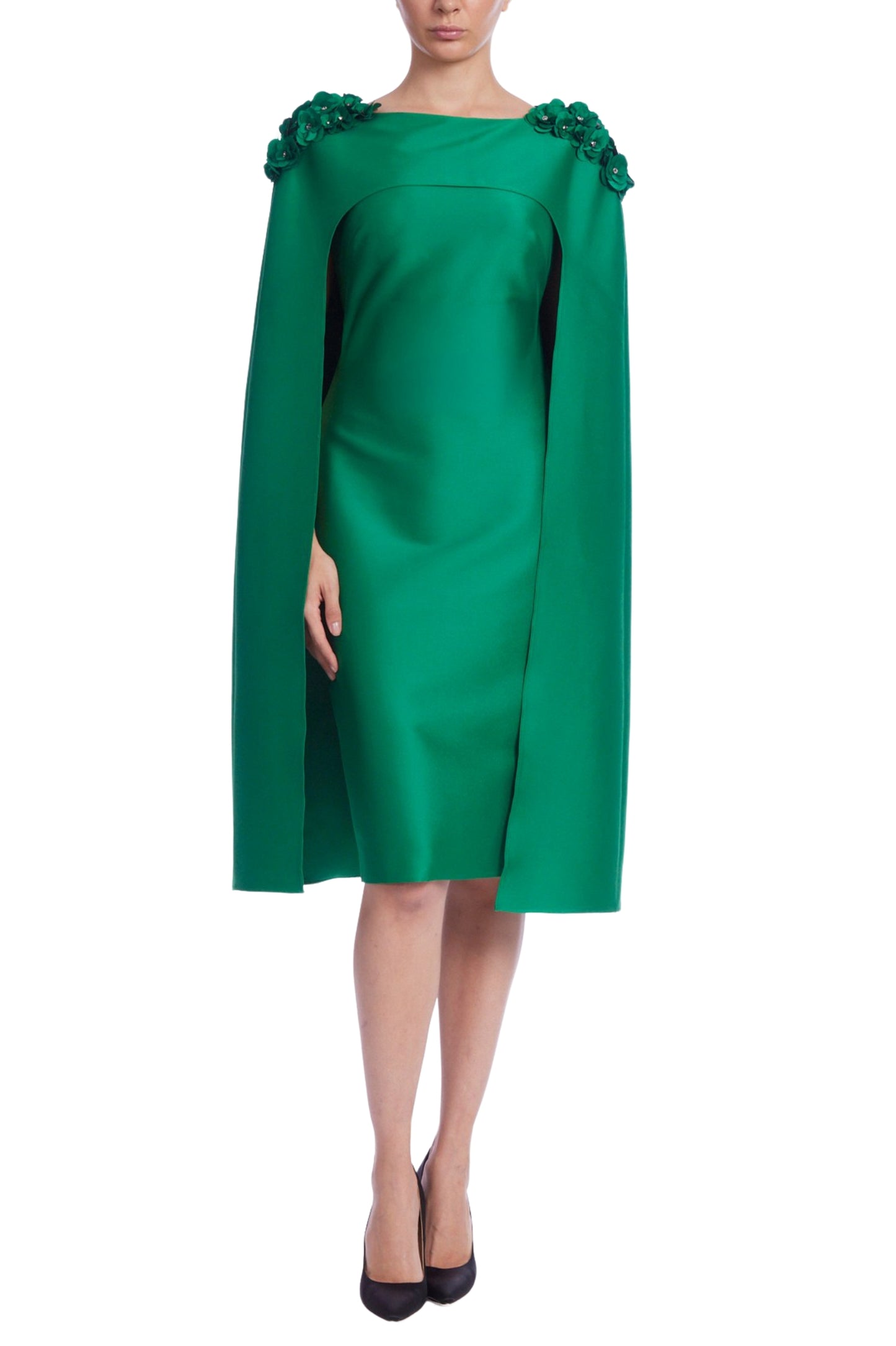 Badgley Mischka Bateau Neck Mikado Split Cape Sleeve Two Piece Midi Dress - EMERALD - Front