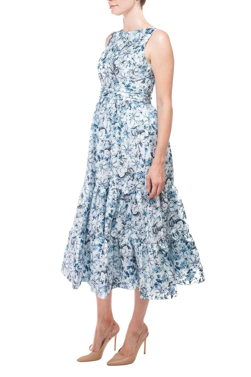 Bateau Neck Midi-Length Cotton Cocktail A-Line Dress Tiered Skirt Badgley Mischka SC3933B