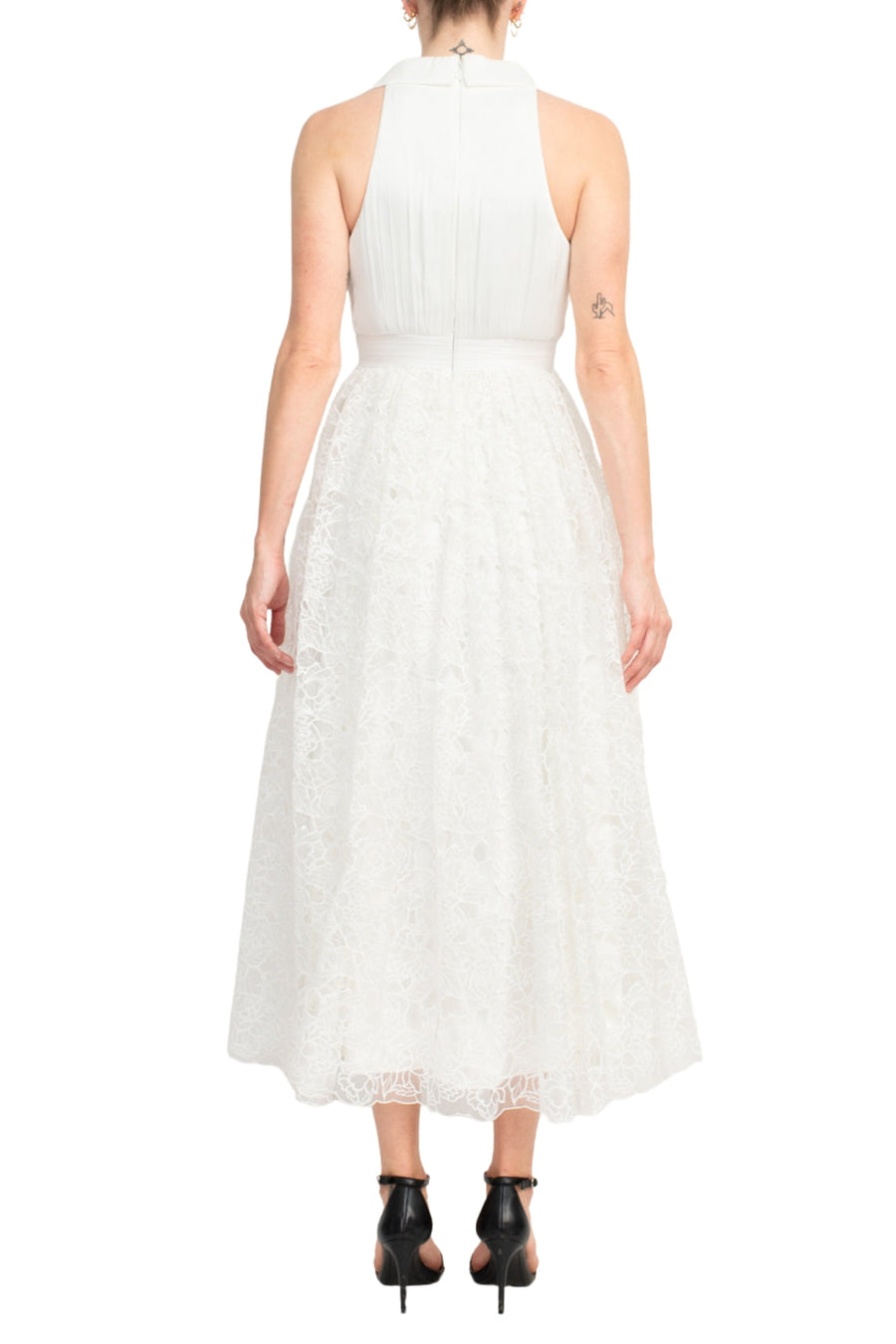 White Halter Neck Midi-Length Lace Cocktail A-Line Dress Sheer Bodice Badgley Mischka SC3965